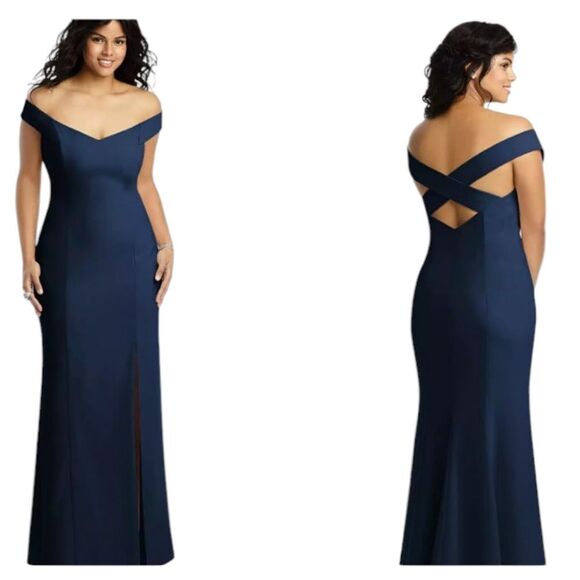 NWT Dessy Collection Dress Criss Cross Back Trumpet Gown Navy Blue 14 - Picture 1 of 13